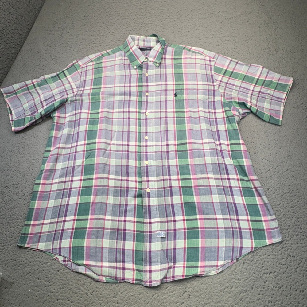 Vintage Ralph Lauren Polo Shirt Mens XL Purple Green Madras Pony Boho Casual 90s